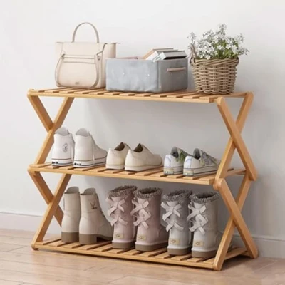 Afbeelding van Glsety Bamboe schoenenrek met 3 niveaus, draagbaar, opvouwbaar, zonder installatie, klein schoenenrek, perfect voor gangen, slaapkamers en kleine ruimtes (3 niveaus)
