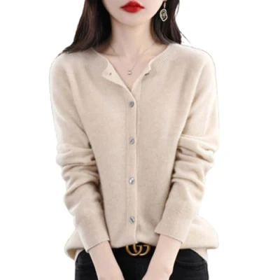 Afbeelding van TeysHa Kasjmier gebreide trui voor dames, met lange mouwen en knopen, elastische van zacht warm gebreid, Beige