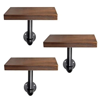 Afbeelding van Navaris wandplank Set van 3 Rechthoekige wandplanken hout Met industriële metalen pijp Planken voor aan de muur 20 x 15 2 cm Bruin