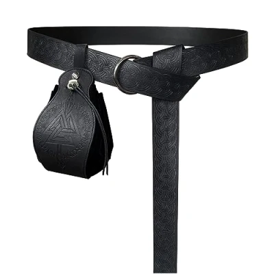 Afbeelding van HiiFeuer Middeleeuwse O ring riem met draagbare zak trekkoord, retro renaissance kunstleer en handtas voor LARP &amp; Ren Faire, Zwart B