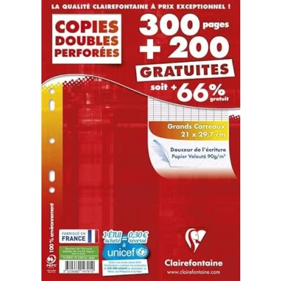 Image de Etui de 500 copies doubles perforées A4 Clairefontaine Grands carreaux