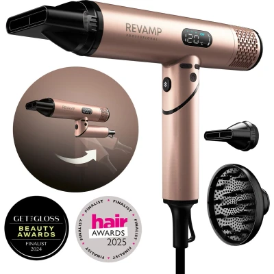 Afbeelding van Revamp Professional DR6400 Haardroger Met 3 opzetstukken Föhn Diffuser Krachtige Luchtstroom 150 km/h Ionenfunctie LCD Display Compact en inklapbaar Design Coolshot snelheidsinstellingen Voor alle haartypes