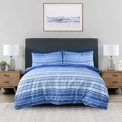 Afbeelding van Sleepdown Beddengoedset met geometrische strepen, omkeerbaar dekbedovertrek en kussenslopen, marineblauw wit, kingsize (230 x 220 cm)