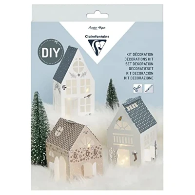 Afbeelding van Clairefontaine 97711C creatieve set voor volwassenen, 3 verlichte papieren huisjes, kerstdecoratie, stap inbegrepen, decoratie, vrije tijd, knutselen, knutselen
