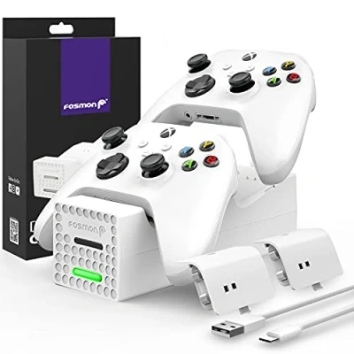 Afbeelding van Fosmon Dubbele controller oplader compatibel met Xbox Series X/S 2020 (niet One/360) + 2 oplaadbare batterijen meegeleverd snel opladen controllers laad en opbergstation wit