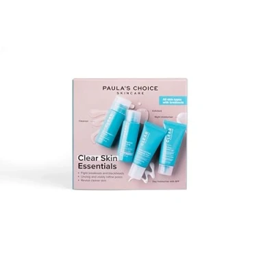 Afbeelding van Paula&#039;s Choice CLEAR Skin Essentials testset routine in 3 stappen reinigen, scrubben en hydrateren verwijdert onvolkomenheden, mee eters vergrote poriën alle huidtypes reisformaat