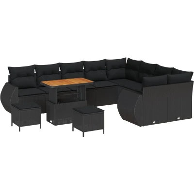 Afbeelding van vidaXL 12 delige Tuinsalonset met Kussens Zwart Poly Rattan en Acacia