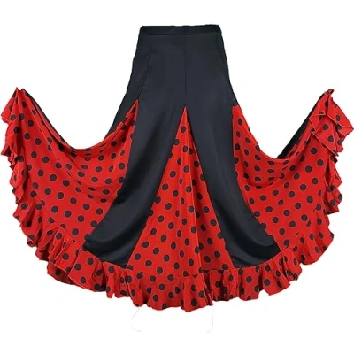 Afbeelding van Zwarte Rode Flamenco Dansrok met Stippen, Zwart/Rood