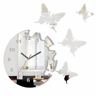 Afbeelding van FLEXISTYLE Grote moderne vlinder ronde spiegel wandklok 30 cm 3D DIY woonkamer slaapkamer kinderkamer