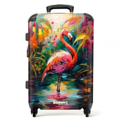 Afbeelding van NoBoringSuitcases.com Grote koffer Flamingo in kleurrijke omgeving van olieverf Reiskoffer met 4 wielen Trolley op wieltjes Rolkoffer groot 72 liter Ruimbagage valies 20kg Valiezen voor volwassenen
