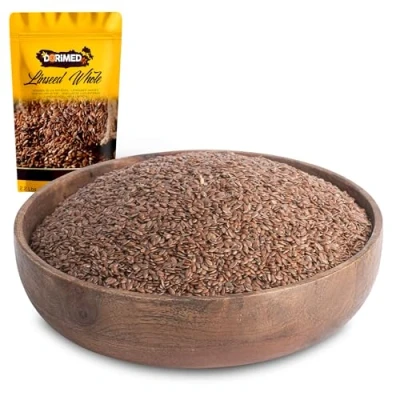 Afbeelding van Hele lijnzaad 1 kg van 100% natuurlijke oorsprong zonder conserveringsmiddelen zoutvrij hersluitbare zak bruine geschikt voor vegetarische en veganistische diëten.