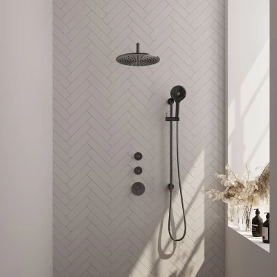 Afbeelding van Brauer Gunmetal Edition Regendouchesets inbouw hoofddouche 30cm Wandarm glijstang met inbouwdeel Gladde knoppen handdouche Rond 1 stand