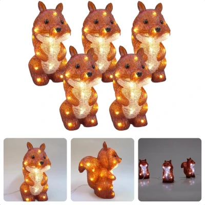 Afbeelding van Cheqo® Kerstverlichting Acryl Verlicht Kerstfiguur LED Eekhoorn Set Buiten &amp; Binnen 7x11xH13 cm Timerfunctie