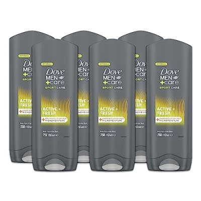 Afbeelding van Dove, Dove Men+Care Sports actieve douche voor heren, 3 in 1, hydraterend lichaam, gezicht en haar, met MicroMoisture technologie, geeft 24 uur hydratatie, 12 stuks à 250 ml