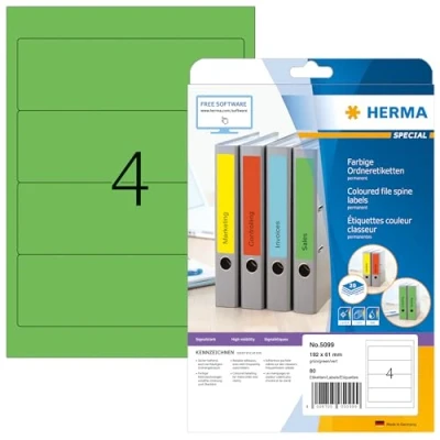 Afbeelding van HERMA 5099 ordnerback etiketten DIN A4 kort/breed (192 x 61 mm, 640 vellen, papier, mat) zelfklevend, bedrukbaar, permanent, 2560 rugbordjes groen