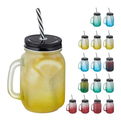 Afbeelding van Relaxdays drinkglazen met deksel set van 16 mason jar kleurrijke glazen opschrift