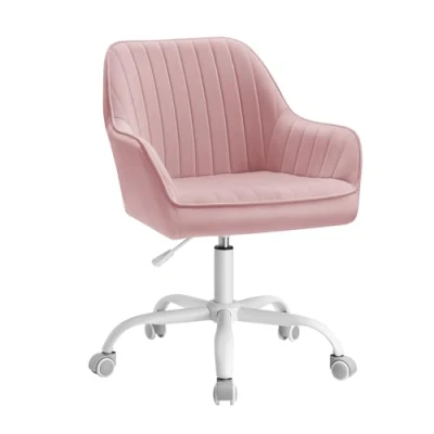 Afbeelding van SONGMICS Bureaustoel, draaistoel met fluwelen bekleding, schuimbekleding, in hoogte verstelbaar, voor werkkamer, bar, pastelroze