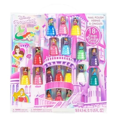 Image de Disney Princess Townley Girl Castlebox niet giftige peel off watergedragen veilige sneldrogende nagellak Cadeauset voor meisjes, eerste prinses Dekkende kleuren, vanaf 3 jaar (18 stuks)