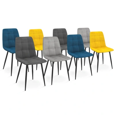 Image de Lot de 8 chaises modernes en velours mix color bleu x2, gris foncé clair jaune x2 pieds métal noir IDMarket