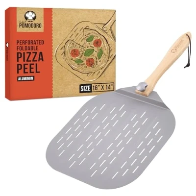Afbeelding van Chef Pomodoro pizzaschep met opvouwbaar houten handvat, pizzaspatel, van hoogwaardig aluminium, gourmet voor pizza, flambeertaart, barbecue en brood (35 cm)