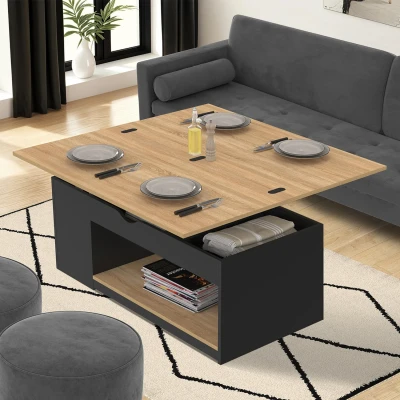 Image de table basse rectangulaire relevable convertible en à manger ELEA bois noir et façon hêtre IDMarket