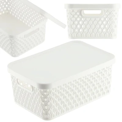 Afbeelding van KADAX Opbergmand, mand met deksel, opbergdoos, kunststof moderne plankmand, container ventilatiegaten (4,5 l, wit)