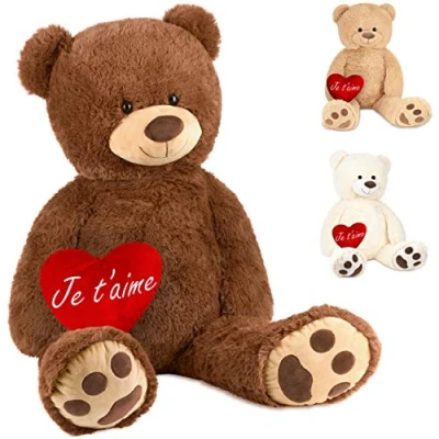 Afbeelding van BRUBAKER XXL Teddybeer 100 cm Bruin met een Je T&#039;aime Hartje Knuffel Pluche Knuffeldier