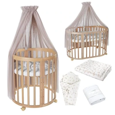 Afbeelding van Waldin OWAL Baby Bed 7in1, Lit à Barreaux avec Matelas, Commode Langer, Évolutif Bébé Ovale Matelas et Roulettes, Bois Naturel, Tissus Branches Taupe