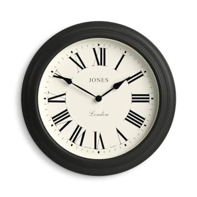 Afbeelding van Jones Clocks® Supper Club Wandklok, grote klassieke ronde klok, 40 cm, donkergrijs, Romeinse cijfers, traditioneel design, ideaal voor keuken of woonkamer