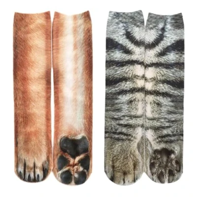 Afbeelding van Set van 2 paar 3D dierenpootsokken, grappige cadeaus voor vrouwen, ongewone geschenken, pootsokken, hondencadeaus mannen, liefhebbers van, Bruin (hondenpoot), grijs (grijze kat)