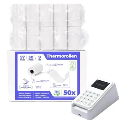 Afbeelding van SWIPARO rol tpe 57 mm x 9 m 12 rollen voor bankkaart terminal thermisch papier spoel 57x30x12 BPA vrij (50 spoelen)
