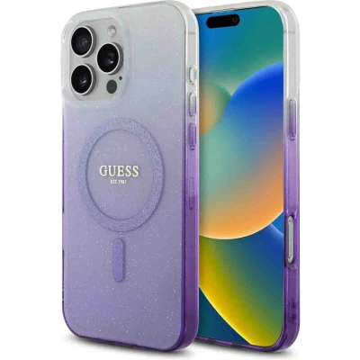 Afbeelding van Guess Hoesje Geschikt voor iPhone 16 Pro Max MagSafe IML Case Glitter Gradient paars