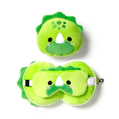 Afbeelding van Relaxeazzz Dinosaurus knuffel/reiskussen/slaapmasker 2 in 1 set voor kinderen vliegtuig of auto
