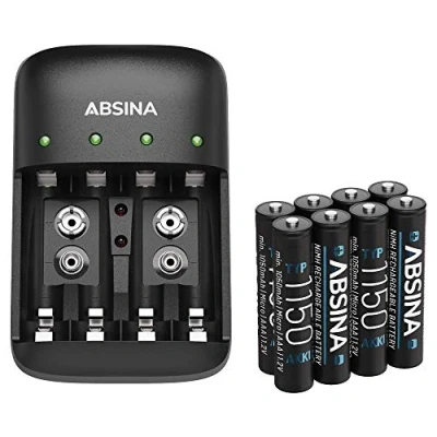 Afbeelding van ABSINA NiMH AA AAA batterijlader en 9V blok met 8 x 1150 batterijen oplaadbare oplader set