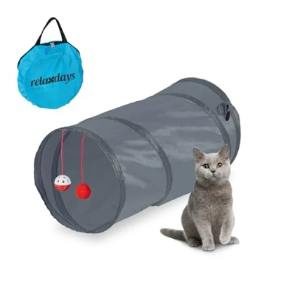 Afbeelding van Relaxdays kattentunnel met speelgoed speeltunnel katten 48 cm lang polyester grijs