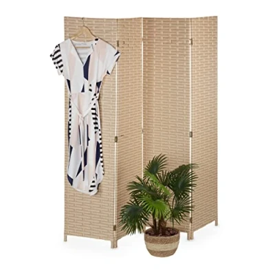 Afbeelding van Relaxdays Paravent Set van 4 ruimteverdelers, inklapbaar, h x b, 170 160 cm, kunststof en hout, scheidingswand, binnenwand, lichtbruin