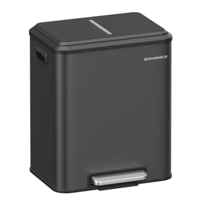 Afbeelding van SONGMICS afvalemmer voor de keuken, 2 x 15 l, dubbele recycling en huishoudelijk afval, vuilnisbak, binnenemmer, staal, zachte sluiting, pedaal, inktzwart LTB544B02