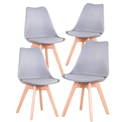 Afbeelding van BenyLed Set van 4 eetkamerstoelen, retro gecapitonneerde keukenstoelen met poten massief beukenhout, voor woonkamer, slaapkamer, keuken, kantoor, grijs