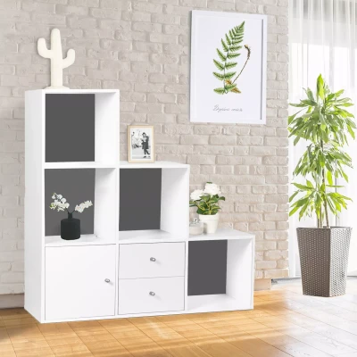 Image de Meuble de rangement en escalier LIAM 3 niveaux bois blanc fond gris avec porte et tiroirs
