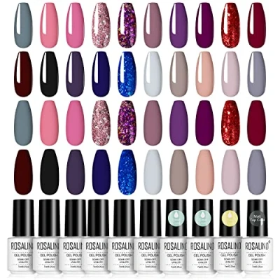 Afbeelding van ROSALIND 20 Kleuren UV Gel Nagellak, Nude Zwart Rood Roze Groen Paars Grijs Glitter ​​Kleur 7ml Nagel, Top Basislaag &amp; Matte Toplaag, Soak Off lamp Nail Polish Set Art Manicure 24pcs
