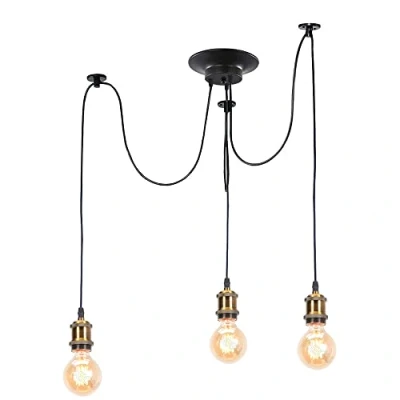 Afbeelding van iDEGU Moderne en retro kroonluchter, hanglamp, 3 armen, doe het zelf, creatief, spin, verstelbare 150 cm, vintage plafondlamp met E27 fitting, zwart (messing, lampen)