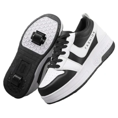 Afbeelding van GeRRiT Sportschoenen, skateboard, gymnastiek, sportschoenen voor jongens en meisjes, vrijetijdsschoenen met wieltjes, drukknop, verstelbare skateboardschoenen 2, zwart.