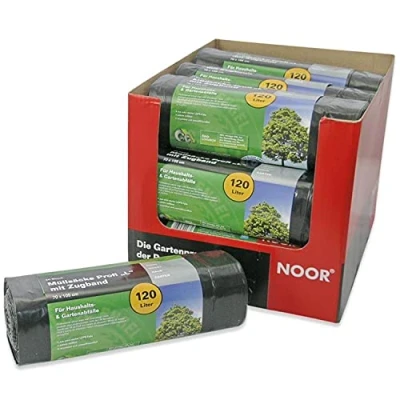 Afbeelding van NOOR Professionele afvalzakken, 20 x 120 liter, zwart en recyclebaar, met trekkoord voor eenvoudige bediening, extra sterke vuilniszakken huis tuin