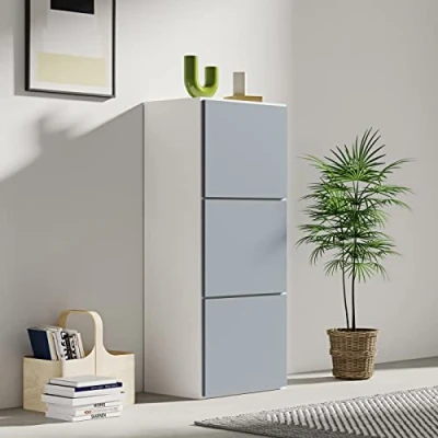 Afbeelding van Schoenenkast Baylinn 3 draaideuren en 5 legplanken celadon grijs/wit