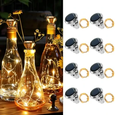 Afbeelding van Apritsce 8 stuks kurklichtsnoeren op zonne energie, 2 m, 20 leds, lichtketting voor buiten, kurk, doe het zelf, feest, tuin, bruiloft