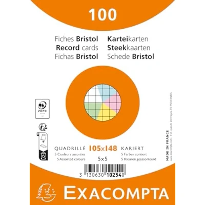 Afbeelding van Exacompta Ref. 10254E Pak van 100 indexkaarten, geruit, 5x5, ongeperforeerd in folie geschikt voor inkjet, laser en kopieerapparaat formaat 105x148mm verschillende kleuren