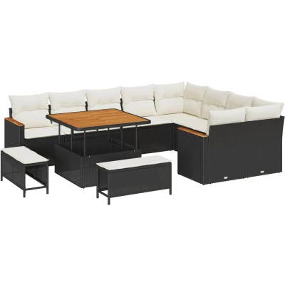Afbeelding van vidaXL 12 Delige Tuinbank Set met Kussens Zwart Poly Rattan Acacia