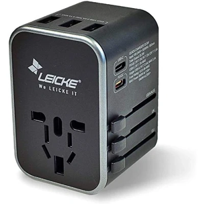 Afbeelding van LEICKE Universele reisadapter Internationale AC 6,5 A Voor 3 USB en 2 type C poorten meer dan 224 landen met US/EU/UK/AUS stekkers