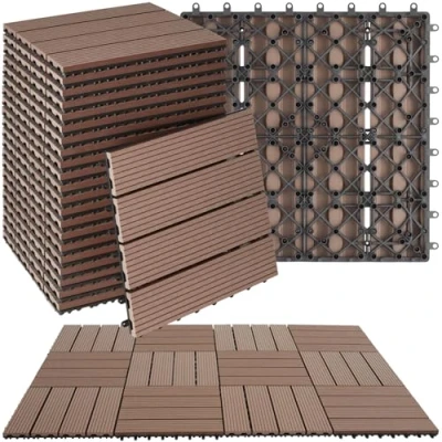 Afbeelding van tectake® WPC houten tegels Houtlook Weerbestendig Vloerbedekking voor buiten Vloertegels Balkonvloer Terrastegels met kliksysteem Afvoer Set van 22 Bruin