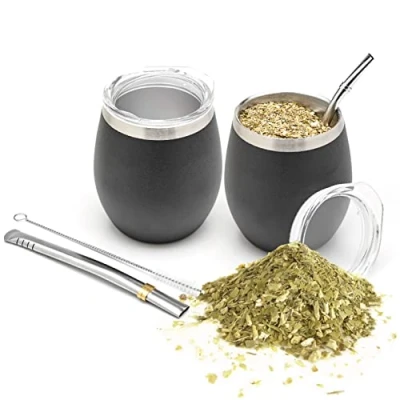 Afbeelding van balibetov Set van 2 Yerba Maté kopjes Bevat twee dubbelwandige theekopjes 18/8 roestvrij staal, bombilla&#039;s (maté riet) en een reinigingsborstel (zwart)